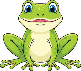Cartoon frog sitting, green amphibian character, expressive eyes, cheerful smile, playful pose, isolated white background, vector illustration, children’s nature theme