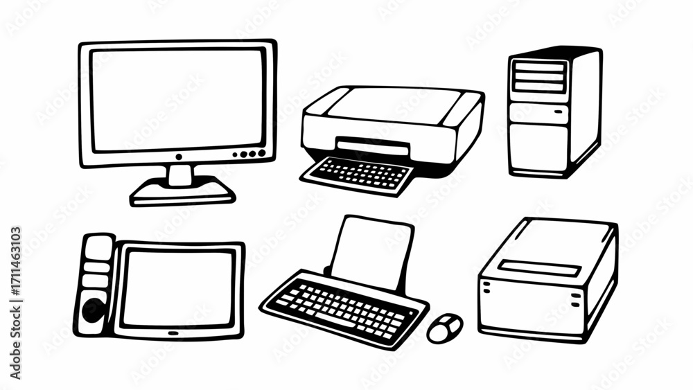 Wall mural illustration of various computer hardware components including monitor printer and keyboard setup dr