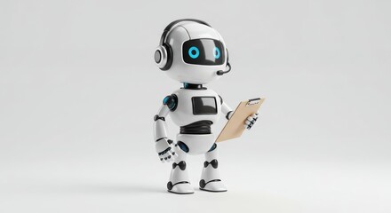 Futuristic Detailed Robot with Headset Holding a Clipboard on White Background