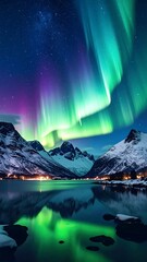 Aurora borealis over a fjord