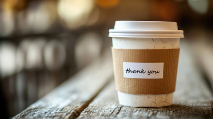 Paper coffee cup with handwritten thank you message in black ink on white surface symbolizing gratitude, kindness and appreciation. Concept of thankfulness, customer service and positive gesture.