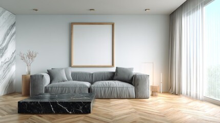 Fototapeta premium Modern Gray Sofa in Bright Living Room with Natural Light and Wooden Floor
