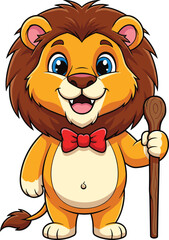 Cartoon lion with cooking spoon, cheerful expression, red bow tie, playful animal character, isolated white background, vector illustration, culinary theme