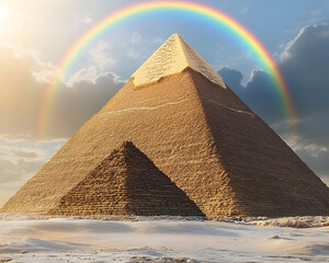 3D Illustration of Pyramids with Rainbow Background