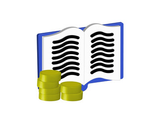 Simple 3D illustration of an open book icon with stacked coins. Transparent background in PNG format.