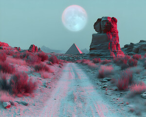 Surreal Desert Landscape with Sphinx and Pyramid 3D Illustration