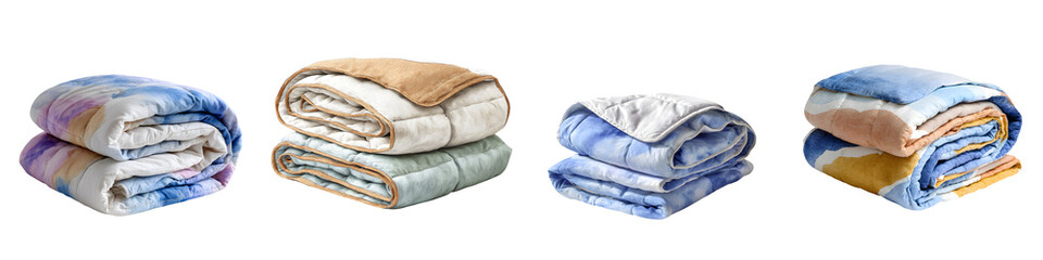 Folded Weighted Blankets Isolated on White Background, Assorted Colors & Textures for Sleep, Comfort, & Anxiety Relief