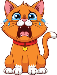 Cartoon orange cat crying with tears, distressed expression, white paws and tail tip, red collar, emotional character, kids illustration, white background
