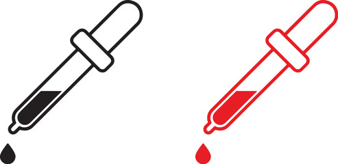 dropper, pipette, liquid, drop, falling, science, medical, laboratory, experiment, measurement, icon, symbol, set, collection, black, red, fluid, dispensing, chemical, research, analysis, healthcare, 