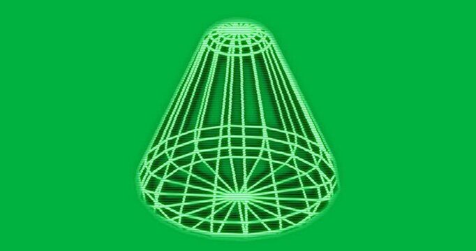 Neon green wireframe truncated cone appearing pulsing glow on transparent bg showcasing retro grid