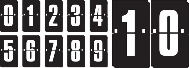 flip clock, numbers, digits, 0, 1, 2, 3, 4, 5, 6, 7, 8, 9, clock, display, retro, vintage, counter, scoreboard, digital, black, white, white background, set, collection, graphic, design, element, typo