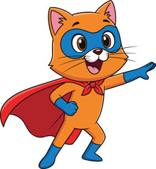 Cartoon superhero cat with red cape, blue mask and gloves, cheerful expression, action pose, kids character illustration, playful animal hero concept