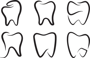 tooth, teeth, dental, dentistry, icon, symbol, outline, drawing, sketch, black and white, health, hygiene, medical, care, mouth, smile, clean, graphic, design, illustration, set, collection, variation