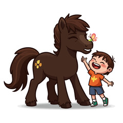 A joyful child with an open mouth laughs as a small butterfly lands on the nose of a friendly brown pony in a charming illustration.