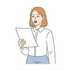 Illustration of a woman holding and reading a paper, appearing surprised