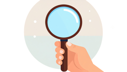 Hand holding a magnifying glass. A stylized illustration