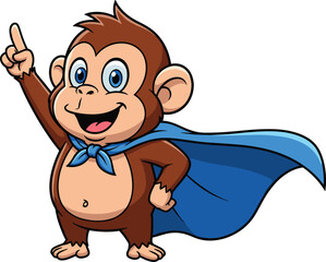 Cartoon superhero monkey with blue cape, smiling expression, pointing upward, brown fur, kids character illustration, playful animal hero concept, white background