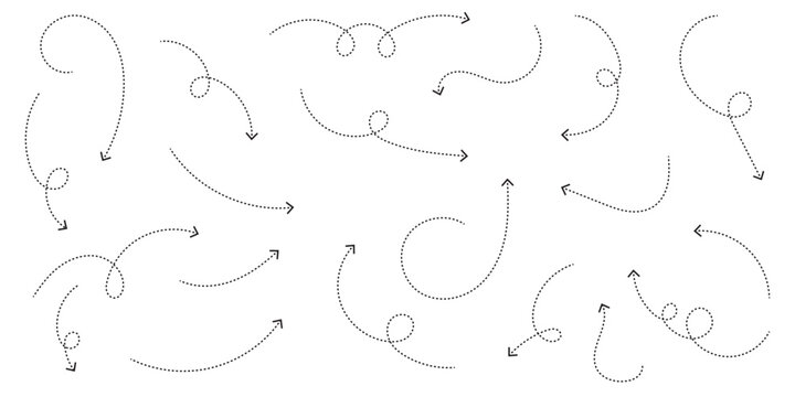 Set of black dotted arrows in doodle style. Broken arrows in the form of a loop. Flow direction. Pointers to the wire, up, down. Curved line. Symbolizing direction, navigation, progress, movement.ES10