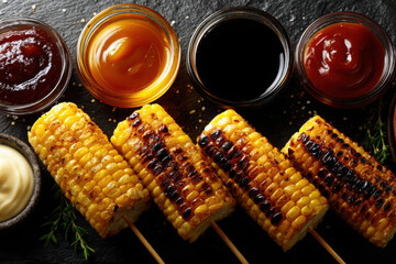 Grilled corn skewers with dipping sauces at an outdoor gathering