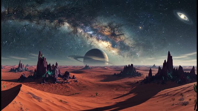 The Milky Way seen from the surface of an alien desert planet.