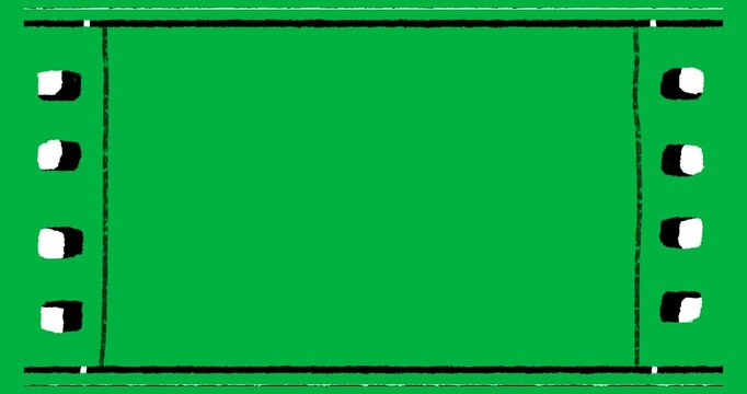 Playback starting showing handdrawn filmstrip presenting blank frame on transparent background