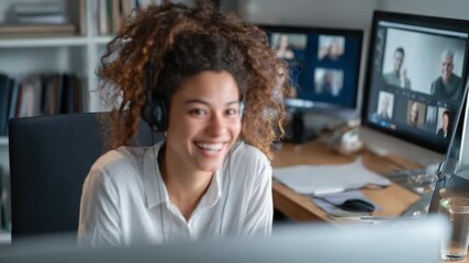 Connected Communication: A smiling individual engages in a dynamic virtual meeting from a home office, embracing modern technology and fostering connections. - Powered by Adobe