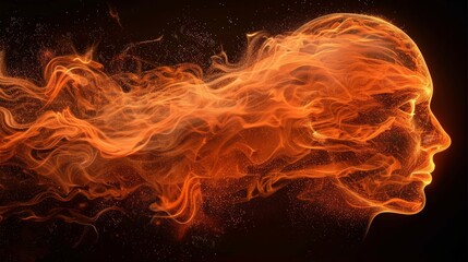 Abstract representation of a face fragmenting into vibrant orange pixels in digital art