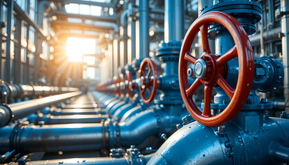 Fototapeta premium Industrial Pumping Station with Pipes and Valves Highlighting Restricted Oil Supply and Energy Market Tensions