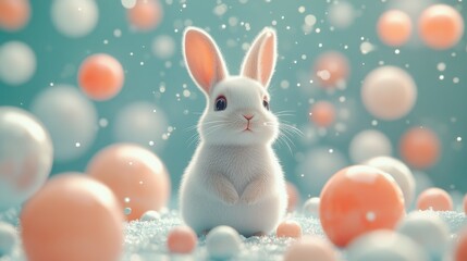 A cute white rabbit stands in a teal winter landscape, surrounded by colorful spheres, creating a vibrant and playful atmosphere filled with whimsy and charm