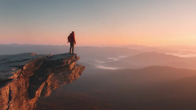 Spectacular View: A solitary adventurer stands atop a rugged cliff, gazing out at the boundless expanse of mountains, bathed in the golden embrace of a vibrant sunset. A symbol of ambition.