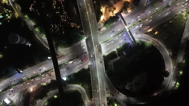 Aerial Night Shot Noida Agra Highway Flyover at Okhla bird sanctuary in Noida, Uttar Pradesh