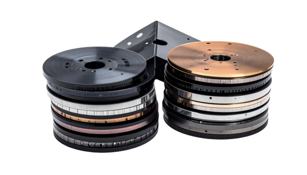 Film reels stacked in various colors and metallic tones