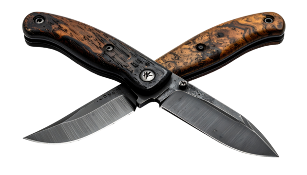 Two crossed folding knives with wooden handles