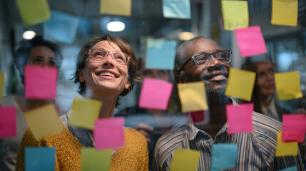 Smiling colleagues brainstorming with colorful sticky notes on glass wall, creative teamwork in modern office environment