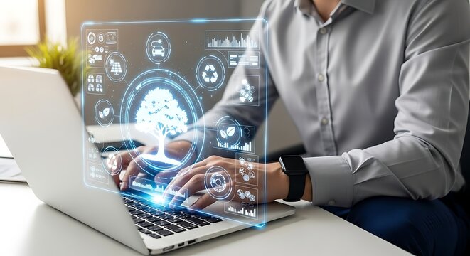 Business person working on laptop with virtual screen displaying environmental sustainability data and glowing tree hologram - Powered by Adobe