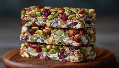 Three granola bars stacked on a wooden board