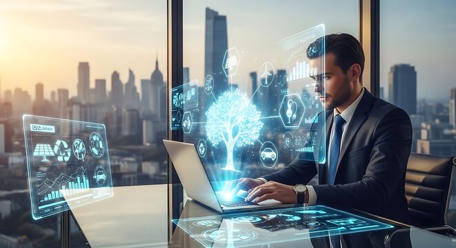 Young businessman analyzing environmental impact data on virtual screen while working on laptop in modern office