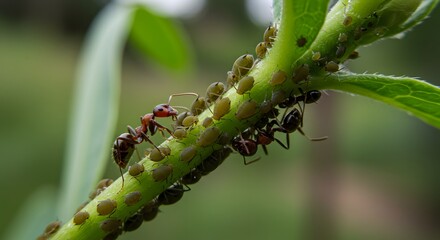 Naklejka premium Ants and aphids on plant stem