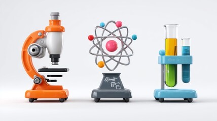 3d science icon set with microscope, test tube, atom, and laboratory beaker isolated on white background for chemistry, biology, physics, medical research, and education vector illustration