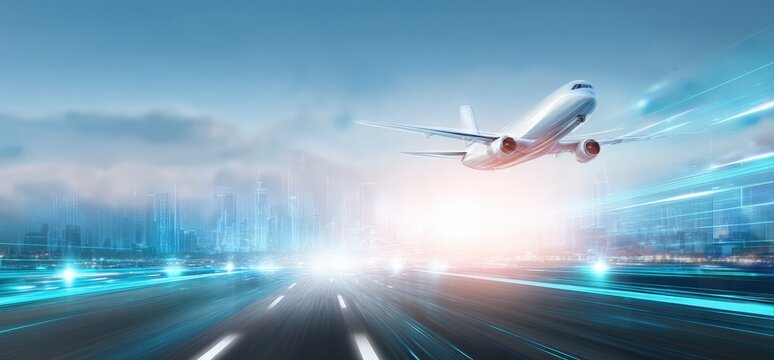 Airplane flying over futuristic highway with light trails and digital cityscape in background, concept of fast travel and transportation - Powered by Adobe