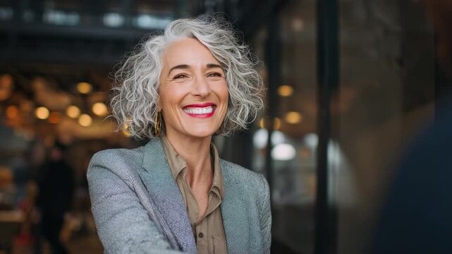 Smiling Businesswoman Greeting: A charismatic businesswoman with striking gray hair, clad in business attire, extends a warm welcome with a radiant smile, ready to make a stellar first impression. 