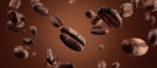 Roasted coffee beans tumbling and rotating gracefully against a rich brown background, capturing the essence of coffee culture and aroma