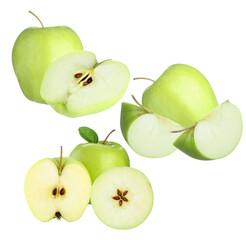 green apples, halved and whole, against transparent background