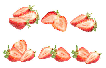 halved strawberries showing their juicy interiors