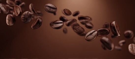 Obraz premium Roasted coffee beans falling and rotating against brown background, perfect for advertising coffee products
