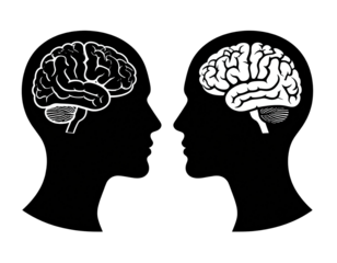 Two stylized brain illustrations, side view, contrasting black and white