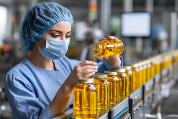 Female technician inspecting bottled olive oil on production line in factory setting