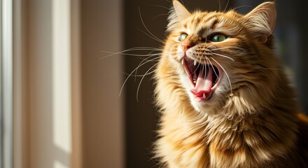 Orange cat yawning indoors with sunlight