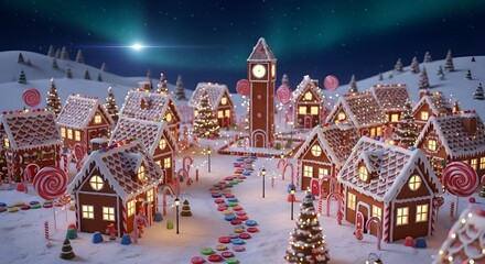 Gingerbread village at night with candy canes and clock tower