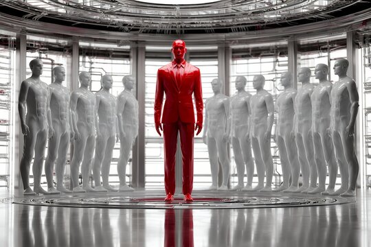 Red mannequin in suit surrounded by gray figures in futuristic setting